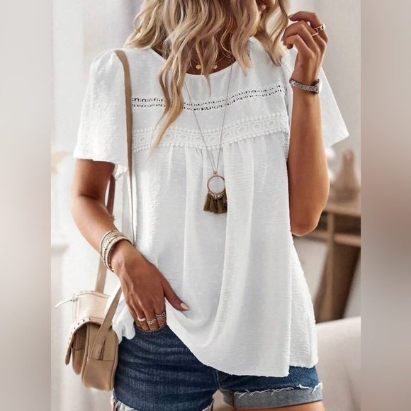 Frenchy Swiss Dot Contrast Guipure Lace Tee - Picture 5 of 8